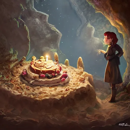 Image similar to an adventurer finding a big delicious cake in a dark mysterious cave, digital art, highly-detailed, artstation cgsociety masterpiece