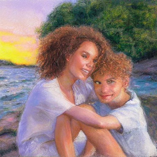 Image similar to girl with curly blonde hair sits next to her white pitbull, sitting on a riverbank watching the sunset, painting by marc fishman