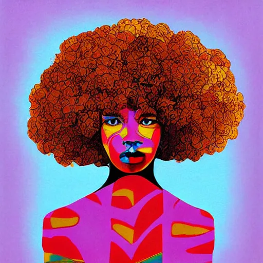 Image similar to the abstract painting of an afro lady artistic flat illustration by larry klewchuk, surrealism