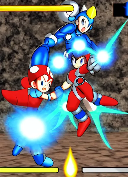 Prompt: astro boy vs. mega man, the video game, 2 0 0 2, nintendo gamecube screenshot