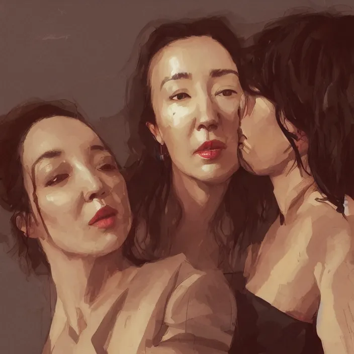 Prompt: jodie comer and sandra oh kiss by greg rutkowski