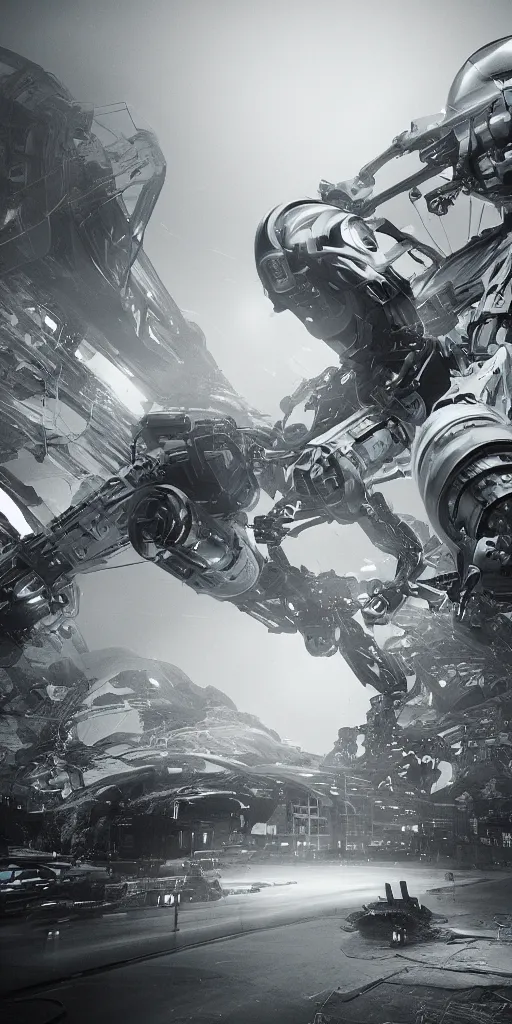 Image similar to the flow of time. complex shapes, highly detailed. octane render. robots are taking over. monochrome. ash thorp style. cinematic.