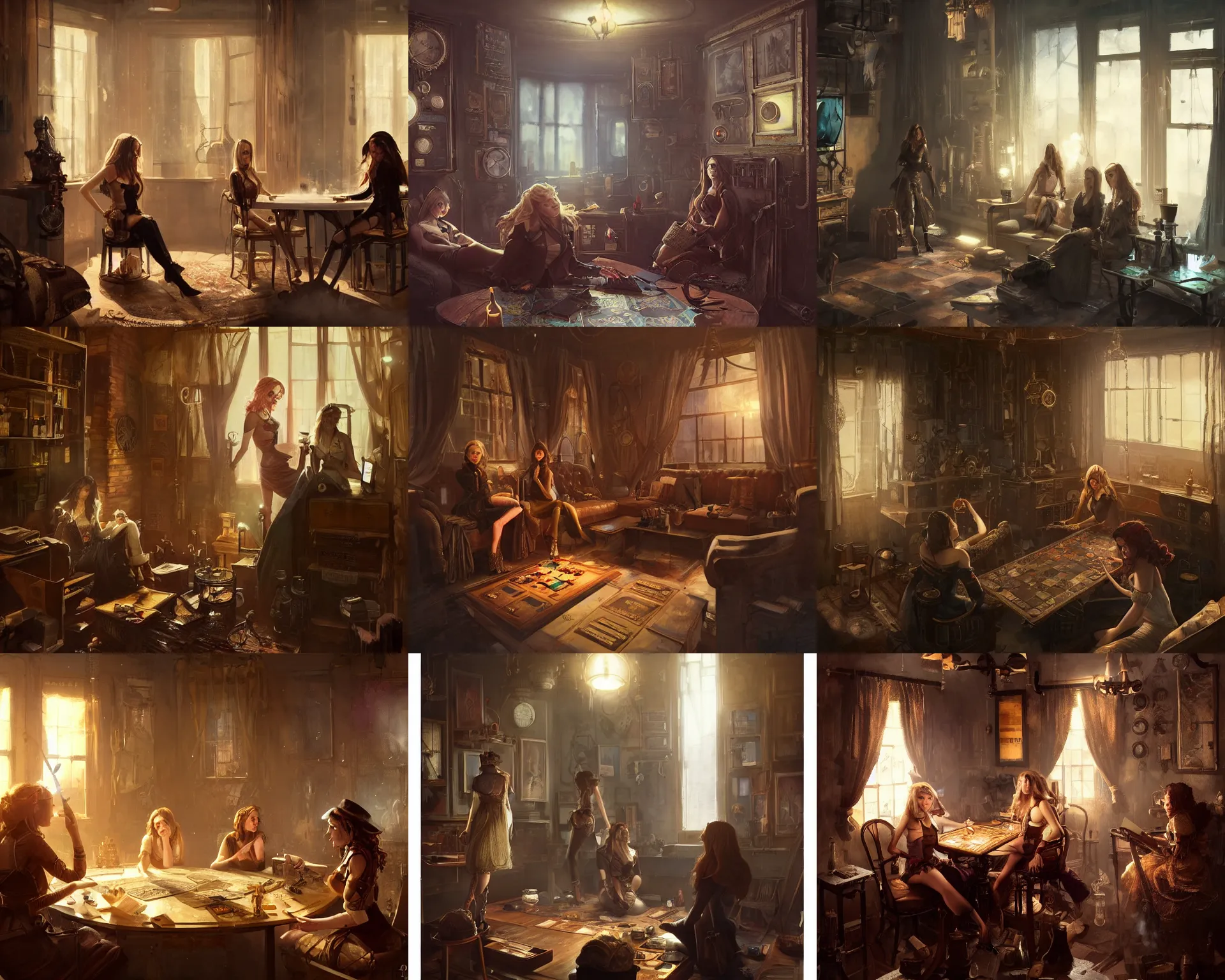 Prompt: women in the interior of a steampunk apartment, Greg Rutkowski, night time, Margot Robbie, Scarlett Johanson, zoey Deschannel, smoking cigarettes, playing board games, highly detailed, level design, concept art, artstation, cgsociety, zenith view