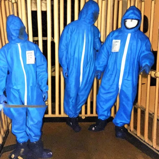 Image similar to blue men group wearing hazmat suits in dollhouse jail