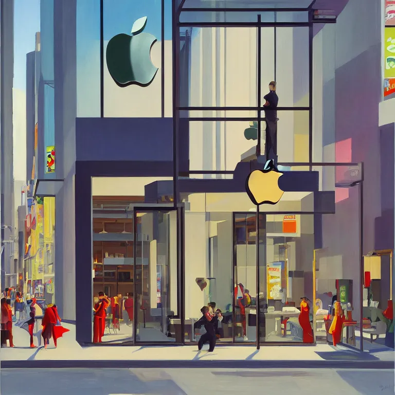 Image similar to apple store opening in Tokyo, painted by Edward Hopper, painted by James Gilleard, airbrush