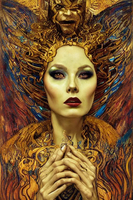 Image similar to Intermittent Chance of Chaos Muse by Karol Bak, Jean Deville, Gustav Klimt, and Vincent Van Gogh, trickster, enigma, Loki's Pet Project, destiny, Poe's Angel, Surreality, inspiration, fountain of beauty, inspiration, muse, otherworldly, fractal structures, arcane, ornate gilded medieval icon, third eye, spirals