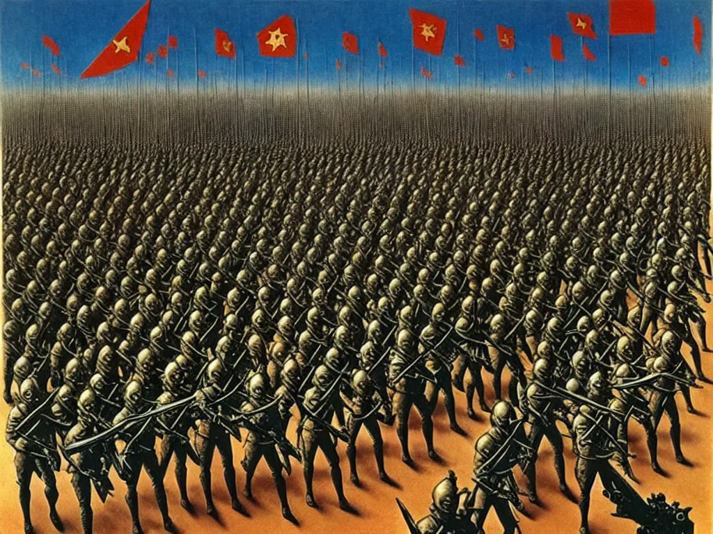 Image similar to armies marching into battle, futuristic alternate timeline, communist hordes, art by max ernst