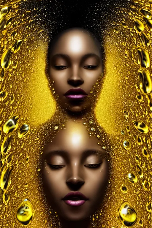 Prompt: hyperrealistic cinematic very expressive! black oshun goddess, in water up to her shoulders, mirror dripping droplet!, gold flowers, highly detailed face, digital art masterpiece, smooth eric zener cam de leon, dynamic pearlescent teal light, tilt angle uhd 8 k, sharp focus