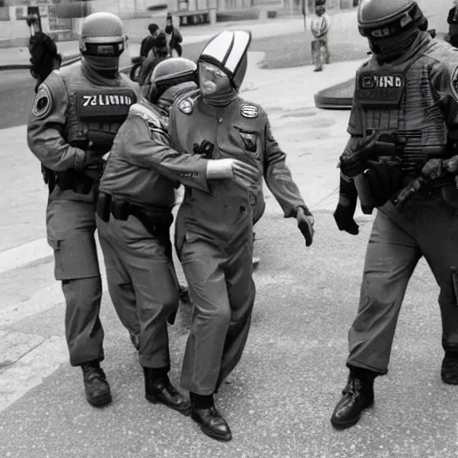 Image similar to extraterrestrial zeta reticulan grey alien, being arrested by spetsnaz