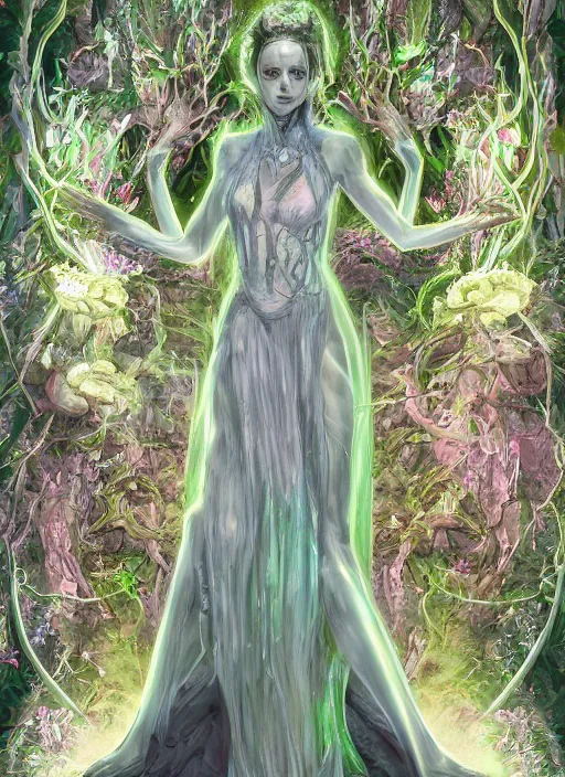 Image similar to portrait of Sarah Michelle Gellar as a everreaching Goddess of despair, a futuristic diety, inside future fighter, sci-fi, fantasy, intricate, lush garden spaceship with sakura season flowers, elegant, human anatomy, royal green and nature light, highly detailed, digital painting, artstation, concept art, smooth, sharp focus, illustration, art by tian zi and WLOP and alphonse mucha, masterpiece, 3d blender