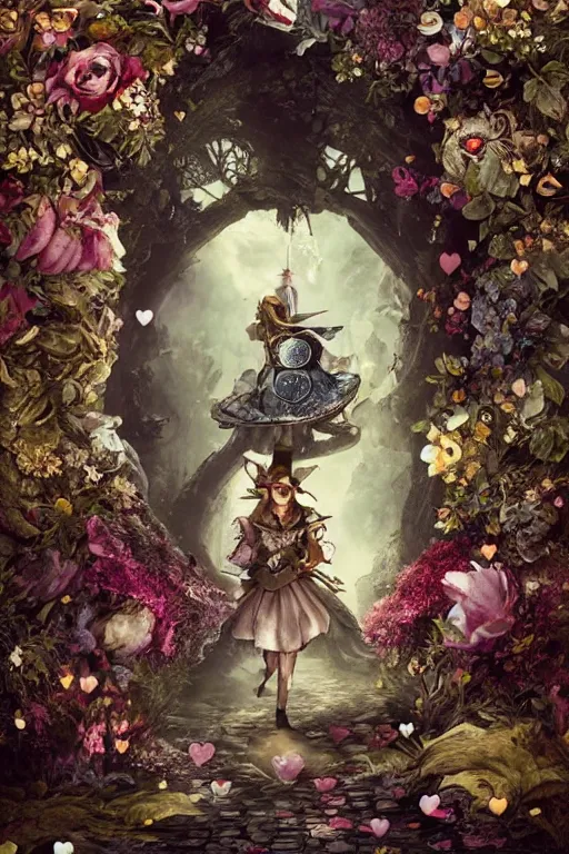 Prompt: poster of Alice in wonderland, Dark Souls 3 themed, surrounded by falling hearts and flower petals, insanely detailed and intricate, golden ratio, elegant, ornate, luxury, elite, ominous, haunting, matte painting, cinematic, cgsociety, James jean, Brian froud, ross tran, Laputa