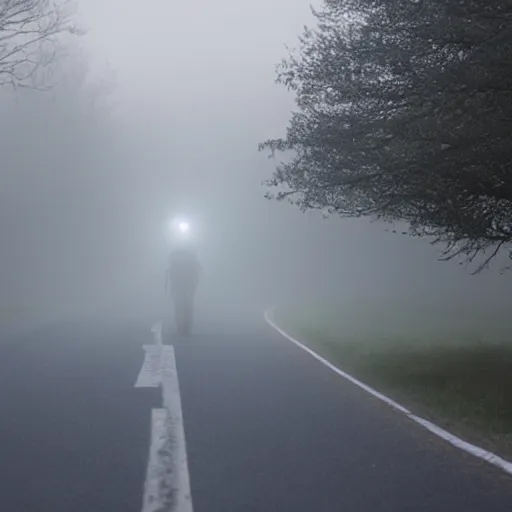 Prompt: mist, there\'s a shadowy figure on the road, with glowing eyes