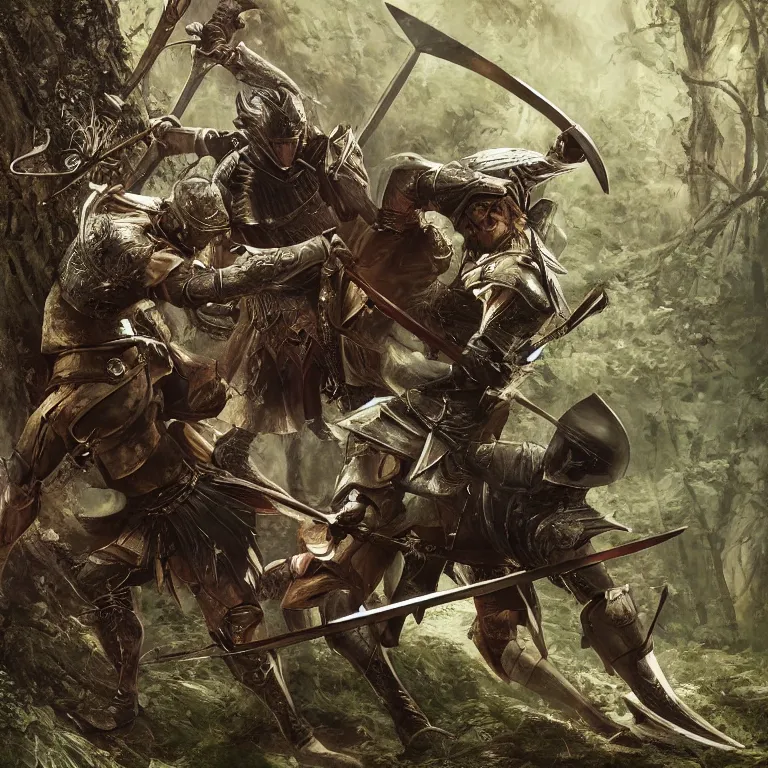 Image similar to two knights fighting with swords in forest, highly detailed, smooth, sharp focus, portrait, concept art, intricate details, fantasy poster, dark athmosphere, 8 k. lifelike. nikon d 8 5 0