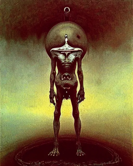 Image similar to full-body creepy realistic central composition, a decapitated soldier with futuristic elements. he welcomes you into the fog with no head, dark dimension, empty helmet inside is occult mystical symbolism headless full-length view. standing in ancient gate eldritch energies disturbing frightening eerie, artwork by Salvador Dali, Beksiński, Van Gogh and Monet.