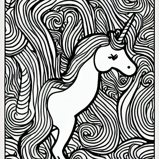 Image similar to unicorn, children's coloring book, black and white