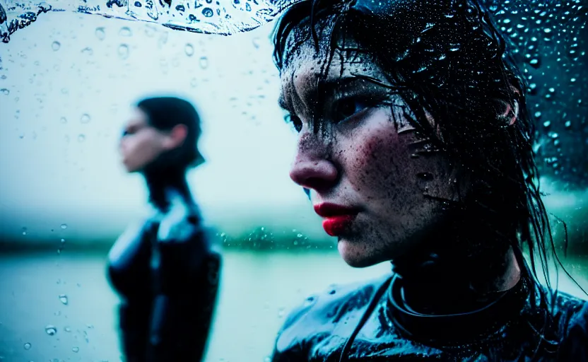 Image similar to cinestill 5 0 d candid action photographic portrait by quentin tarantino of two loving female androids wearing rugged black mesh techwear in treacherous waters, extreme closeup, modern cyberpunk retrofuturism moody emotional cinematic, pouring iridescent rain, 8 k, hd, high resolution, 3 5 mm, f / 3 2, motion blur, ultra realistic faces, ex machina