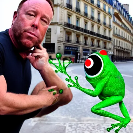 Image similar to Alex Jones takes a gay frog out on a romantic date in Paris, photo, 8k