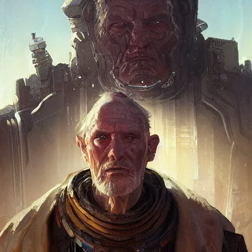 Prompt: Western portrait of King Industrial Greeble Scifi Archmagus, by Greg Rutkowski and Moebius