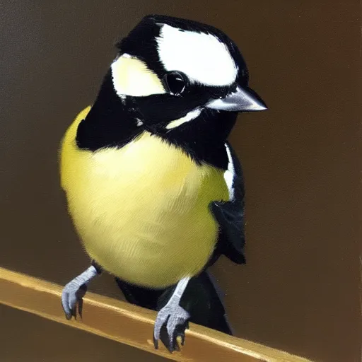 Prompt: an oil painting of a great tit perched on a chair, highly detailed, oleo, artstation, sharp focus, by diego velazquez