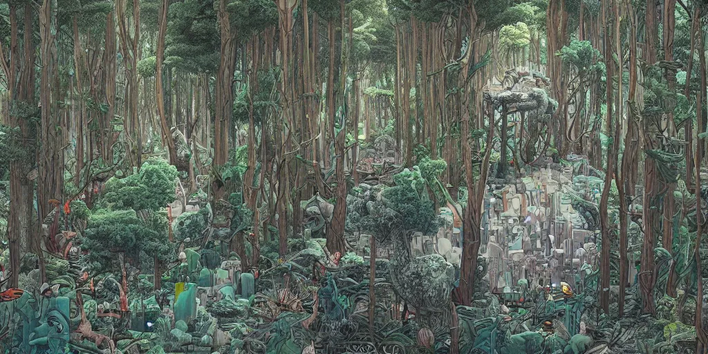 Image similar to 3d forest scene in the year 2020 with a single small brutalism monument in the center by james jean