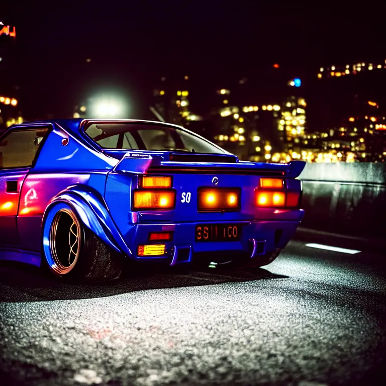 Image similar to close-up-photo Nissan S30 turbo illegal roadside night meet, deep dish work-wheels, Shibuya Shibuya, cinematic color, photorealistic, highly detailed night photography