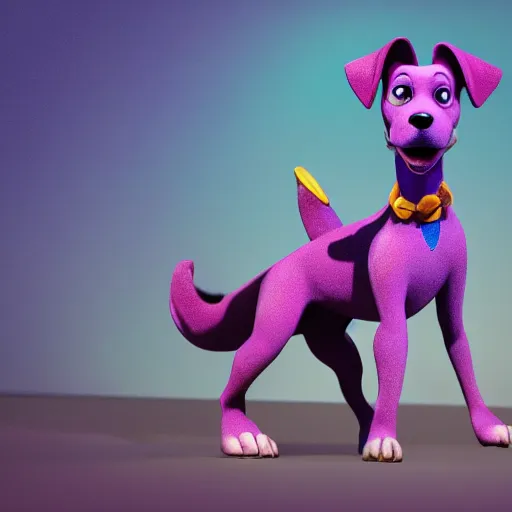 Image similar to a beautiful 3d render of a purple dog in a disney movie, in the style of disney, pixar, mixed media collage, highly detailed, 8k resolution