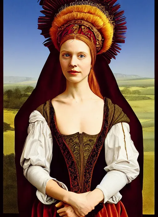 Image similar to portrait of young woman in renaissance dress and renaissance headdress, style by the fifth element