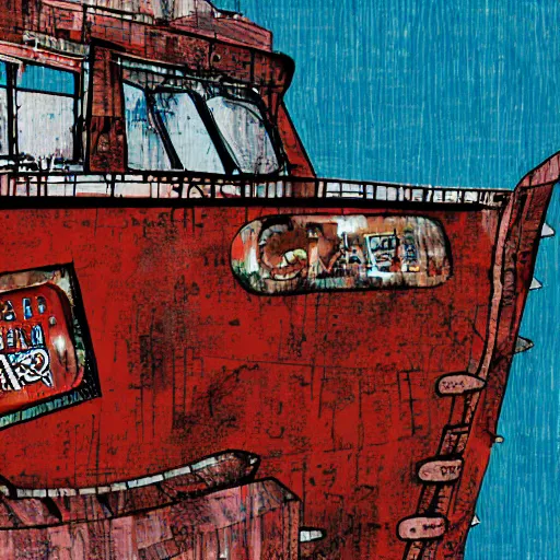 Image similar to an abandoned ship in the aral sea, in the style of daniel johnston and outsider art, 8 k, line brush, overlaid with chinese adverts