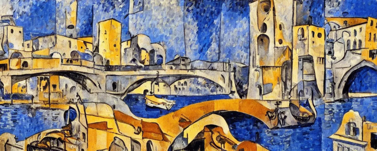 Prompt: georges braque painting mix of naples, venice, florence in the style of le viaduc a l'estaque