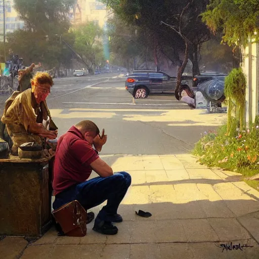 Image similar to alex jones begging on the side of the road, award winning painting by stanley artgerm lau, greg rutkowski, thomas kindkade, alphonse mucha, loish, norman rockwell,