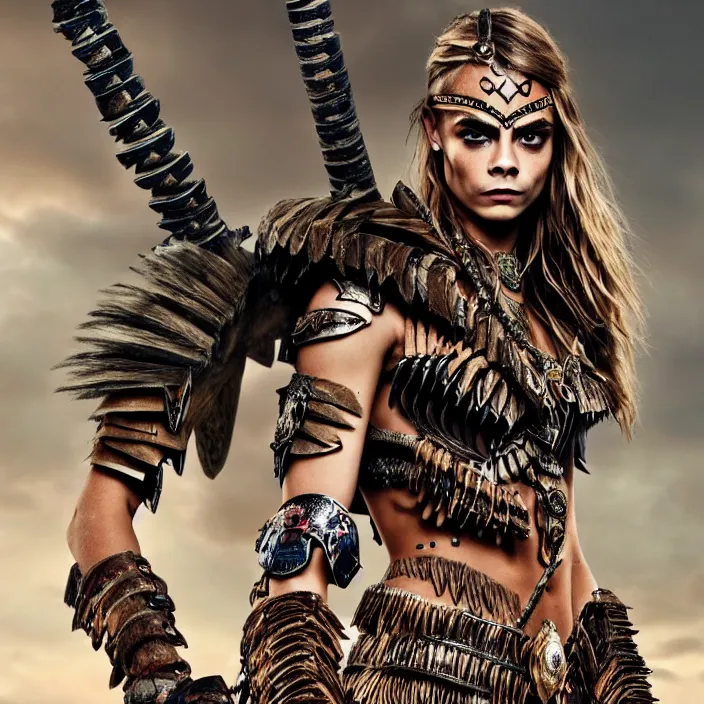 Image similar to professional full length photograph of cara delevingne as an amazon warrior. Extremely detailed. 8k