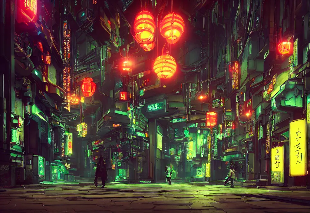 Image similar to a futuristic cyberpunk japanese izayaka alley with neon lights and lanterns, soft glow, intricate, cybernetic, viewed at 3 / 4 angle, trending on artstation, octane render, unreal engine, colorful, in the style of chris foss, rodger dean, moebius, michael whelan, and gustave dore