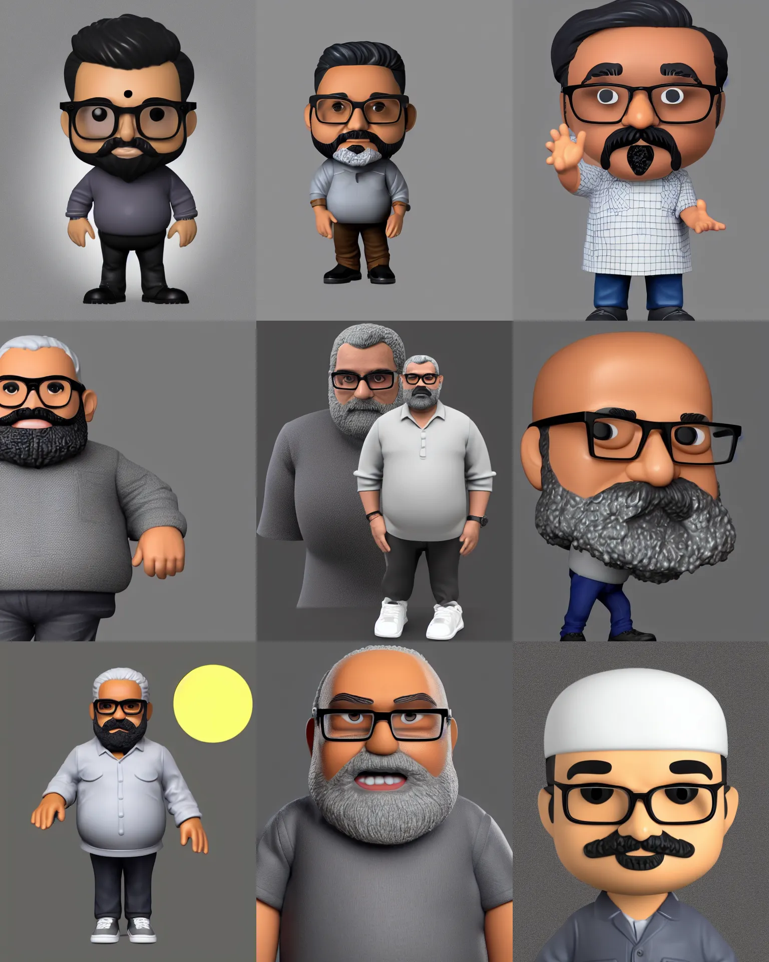 Prompt: full body 3 d render of middle aged indian man, chubby face, small dark grey circle! beard, small glasses, dark hair, as a full body funko pop!, studio lighting, grey background, single body, no shadow, blender, trending on artstation, 8 k, highly detailed