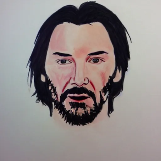 Prompt: infant drawing of keanu reeves, crayons, drawn by a young child, hanging on my fridge