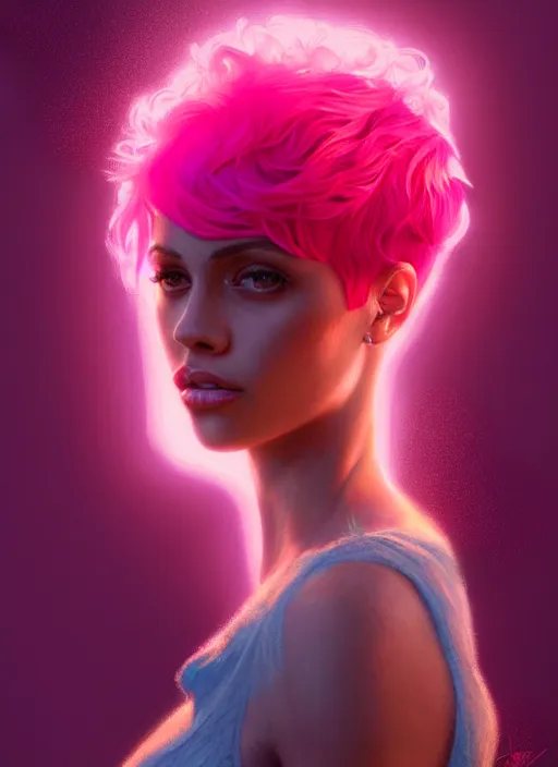 Image similar to portrait of vanessa morgan with bright pink hair, curly pixie cut hair, intricate, elegant, glowing lights, highly detailed, digital painting, artstation, concept art, smooth, sharp focus, illustration, art by wlop, mars ravelo and greg rutkowski