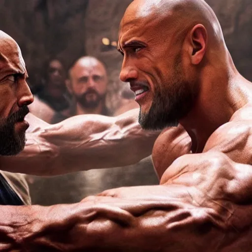 Image similar to jesus christ of nazareth arm wrestling with dwayne the rock johnson on a podium, detailed photo, detailed shading, crowd surrounding them, warm lighting, 8 k, octane beautifully detailed render, cinematic lighting, masterpiece, dslr,