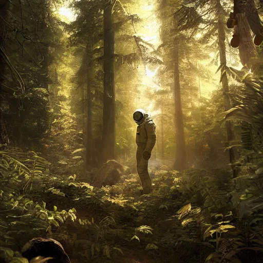 Image similar to american astronaut in the forest, plants environment, wide angle, cinematic lighting, atmospheric, realistic, octane render, highly detailed, in the style of craig mullins