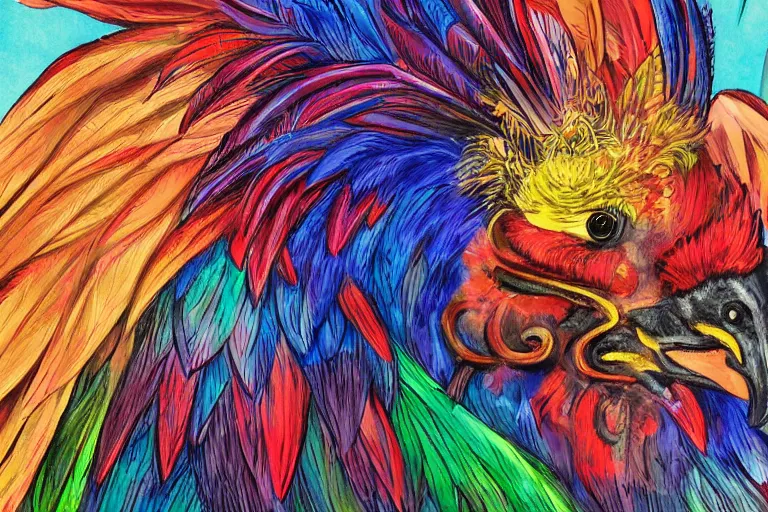 Image similar to illustration of an ominous rooster with feathers of many colors, by feifei ruan and javier medellin puyou and tim lord, lively colors, portrait, sharp focus, colored feathers, jungle