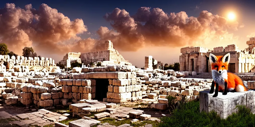 Image similar to a adorable small fox in the huge ruins of the second temple in jerusalem in the distance. the third temple hovers quietly hiding in the dreamy clouds above. a hooded bearded old man in a brown tunic laughing, colorful 8 k, art station, intricate superb details, digital art, cinematic, bokeh dof sky, by jim warren.