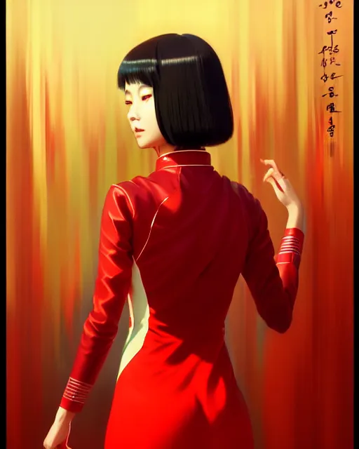 Image similar to a ultradetailed beautiful panting of a asian female wearing red ao dai and futuristic eye google, by ilya kuvshinov, greg rutkowski and makoto shinkai, trending on artstation