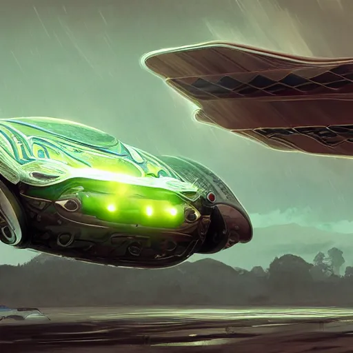 Prompt: solarpunk hovercar, clean energy, green technology, batoidea shape, flying, sunny day, futurism, intricate, engines, glow, highly detailed, peaceful, utopia, bright, digital painting, artstation, concept art, smooth, sharp focus, epic landscape, art by akihiko yoshida and tim mcburnie and anato finnstark