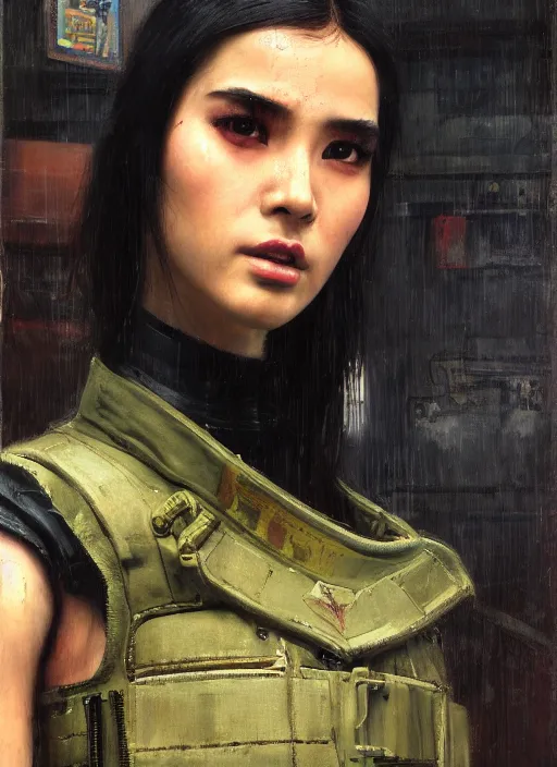 Prompt: Makate. dangerous beautiful cyberpunk female Asian USN marine wearing a military vest and military jumpsuit (cyberpunk 2077, bladerunner 2049). gorgeous face. Iranian orientalist portrait by john william waterhouse and Edwin Longsden Long and Theodore Ralli and Nasreddine Dinet, oil on canvas. Cinematic, hyper realism, realistic proportions, dramatic lighting, high detail 4k