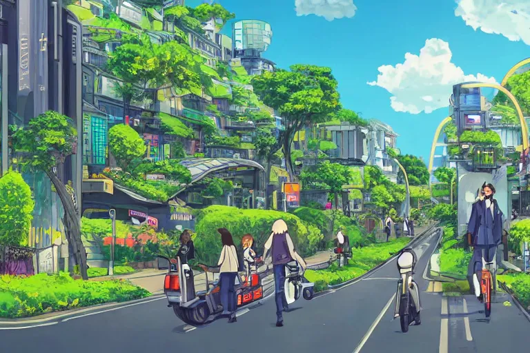 Prompt: an optimistic futuristic city street with one or two mini cannabis pot - plant few cute leaves, scenic streams, idyllic crossing bridges and people riding e - scooters, pop motifs, by ghibli