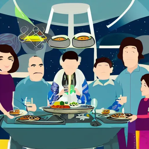 Prompt: jewish family celebrates passover in the future, space station, science fiction, illustration