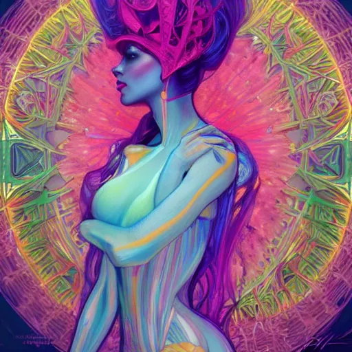 Image similar to a photograpic portrait of a anthropomorphic mimosa wearing colorful neon clothes, fantasy, intricate, elegant, highly detailed, digital painting, artstation, concept art, smooth, sharp focus, illustration, art by artgerm and H R Giger and alphonse mucha