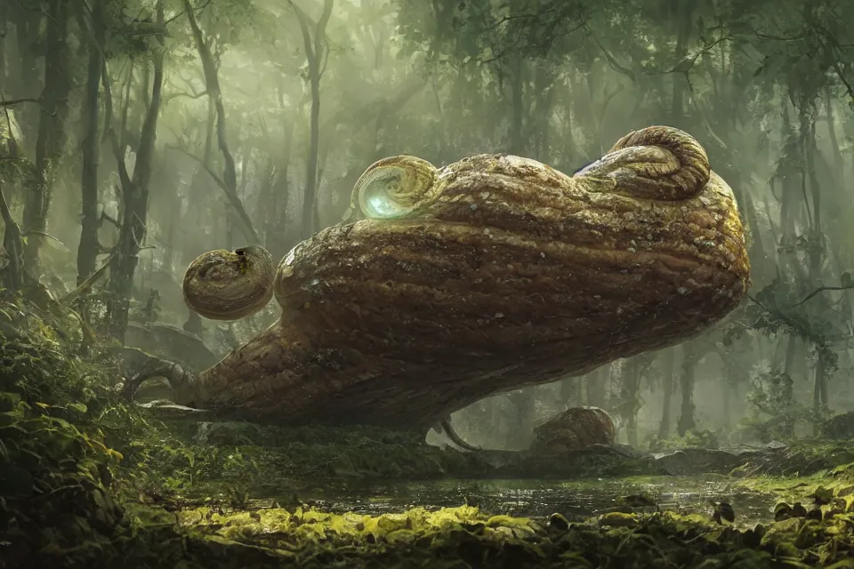 Prompt: giant monster snail, sunny clear swamp, character art by Greg Rutkowski, 4k digital render