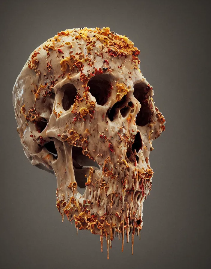 Image similar to portrait of a melting wax skull. intricate abstract. sharp teeth. delicate artwork. infected by zombie fungus. by Tooth Wu, wlop, beeple, dan mumford. octane render, trending on artstation, greg rutkowski very coherent symmetrical artwork. cinematic, hyper realism, high detail, octane render, 8k, depth of field, bokeh. chrome accents.