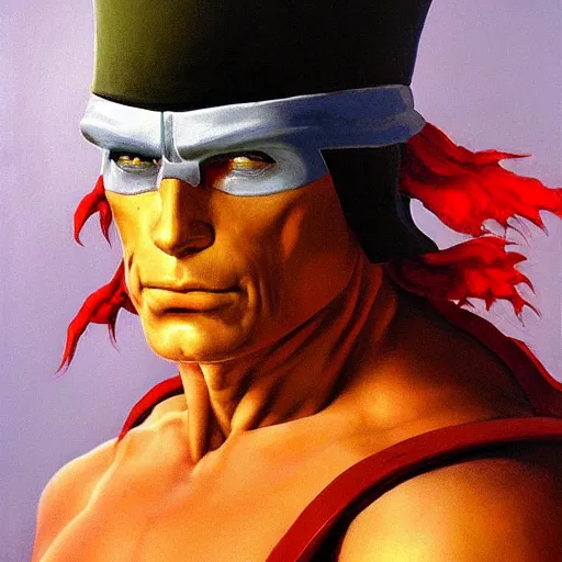 Image similar to ultra realistic buckethead as vega from street fighter, portrait painting by frank frazetta, 4 k, ultra realistic, highly detailed,