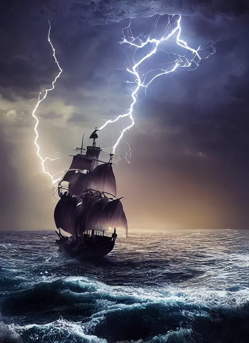 Prompt: huge lightning storm inside a bottle, little pirate ship in the horizon, dark background, volumetric lighting, unreal engine, ultra detailed, high resolution, by emmanuel shiu