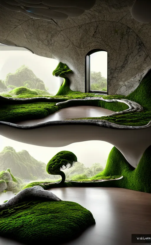 Image similar to highly detailed villa natural beautiful light interior soft cinematic composition of a smooth ceramic porcelain biomorphic magnolia stone nebula fluid sci - fi surreal architecture landscape, furniture, granite, trees, marble, moss, lichen, fungi, vincent callebaut composition, mamou - mani, archviz, 8 k, unreal engine, hdr